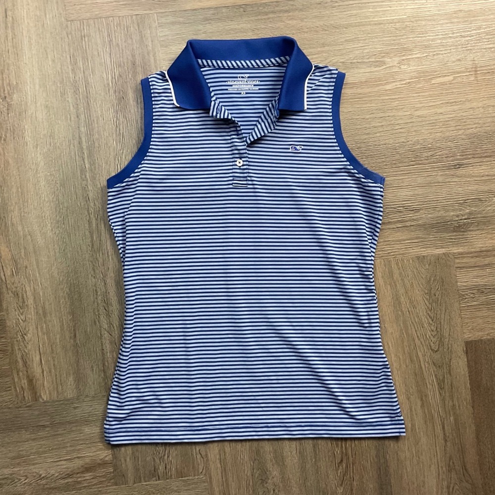 Vineyard Vines Striped Performance Sleeveless Polo Shirt Womens XS Blue White